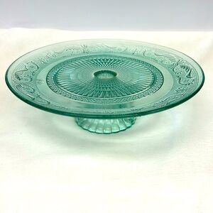 Vintage light aqua blue pressed  glass pedestal 11” cake plate/stand